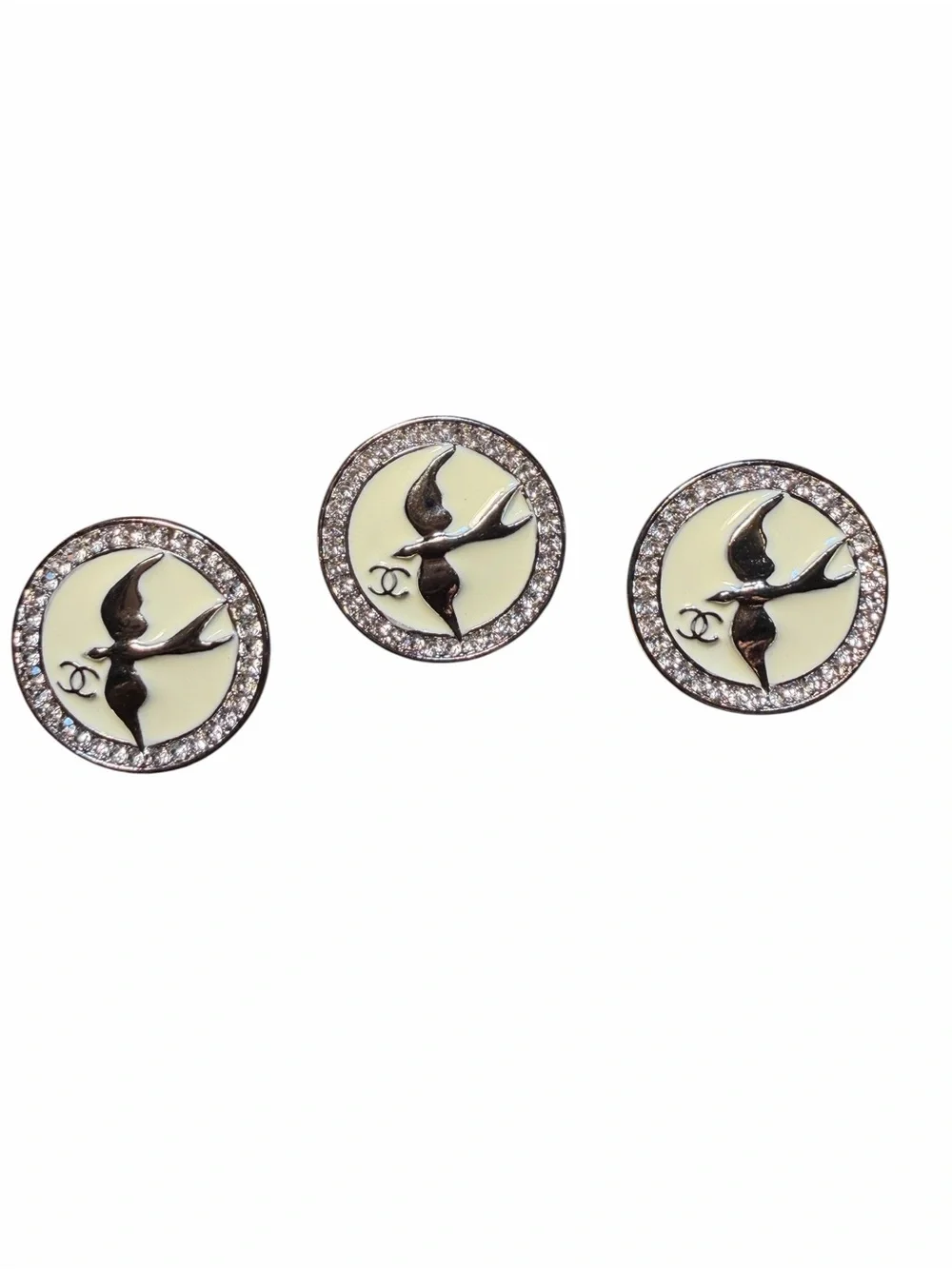 CHANEL Cream Enamel Swallow Buttons with Crystal Silver Trim